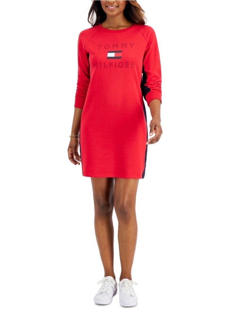 Tommy Hilfiger Red Mini Sweatshirt Dress with Navy Side Panels